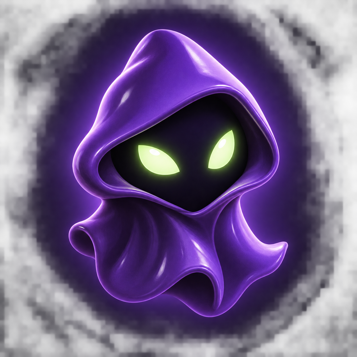 A mysterious purple imposter with glowing eyes